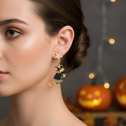 Cute Halloween Dangle Earrings Set – Mismatched Witch, Black Cat, Pumpkin & Skeleton Drop Earrings for Women & Girls (HWE-1084)