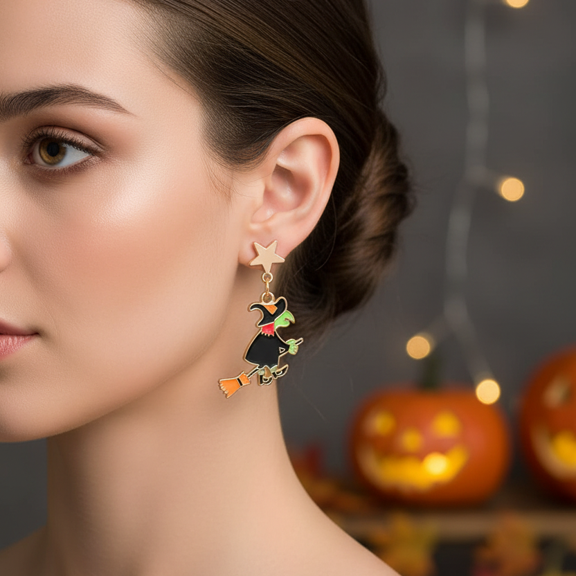 Cute Halloween Dangle Earrings Set – Mismatched Witch, Black Cat, Pumpkin & Skeleton Drop Earrings for Women & Girls (HWE-1084)