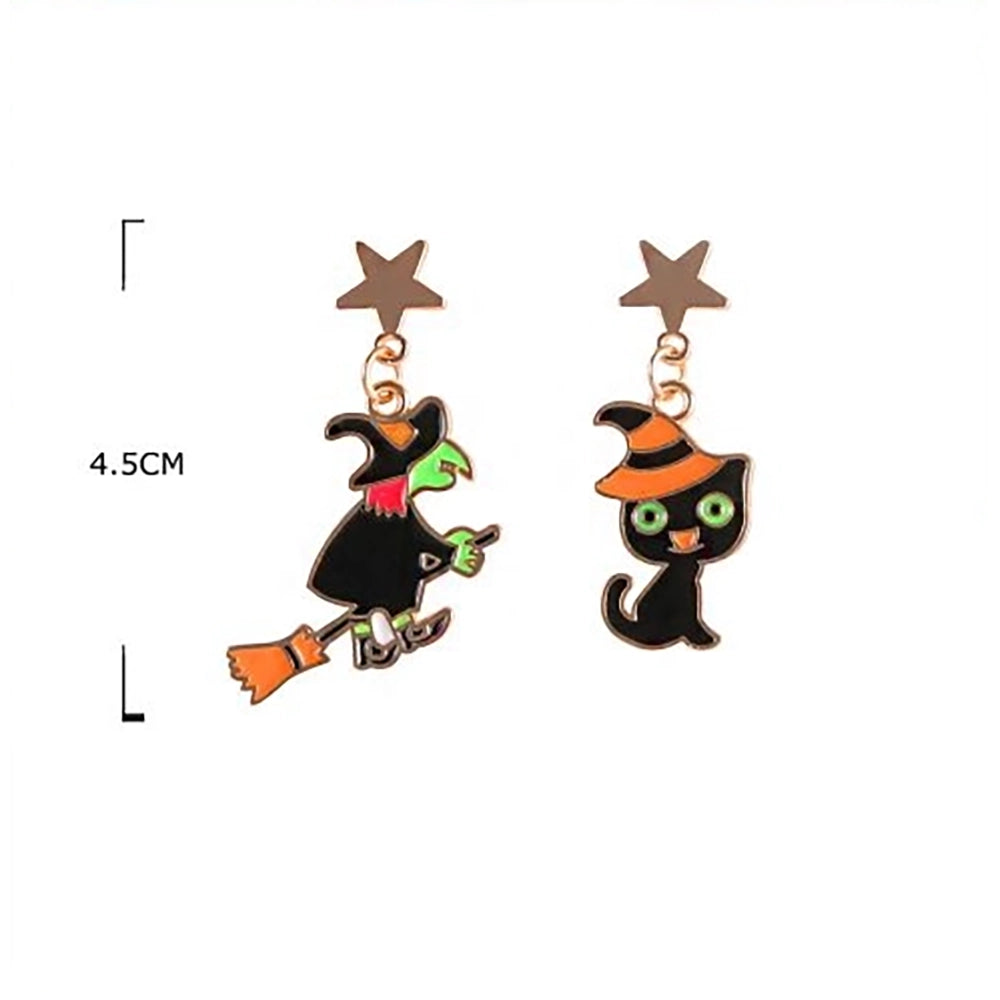 Cute Halloween Dangle Earrings Set – Mismatched Witch, Black Cat, Pumpkin & Skeleton Drop Earrings for Women & Girls (HWE-1084)