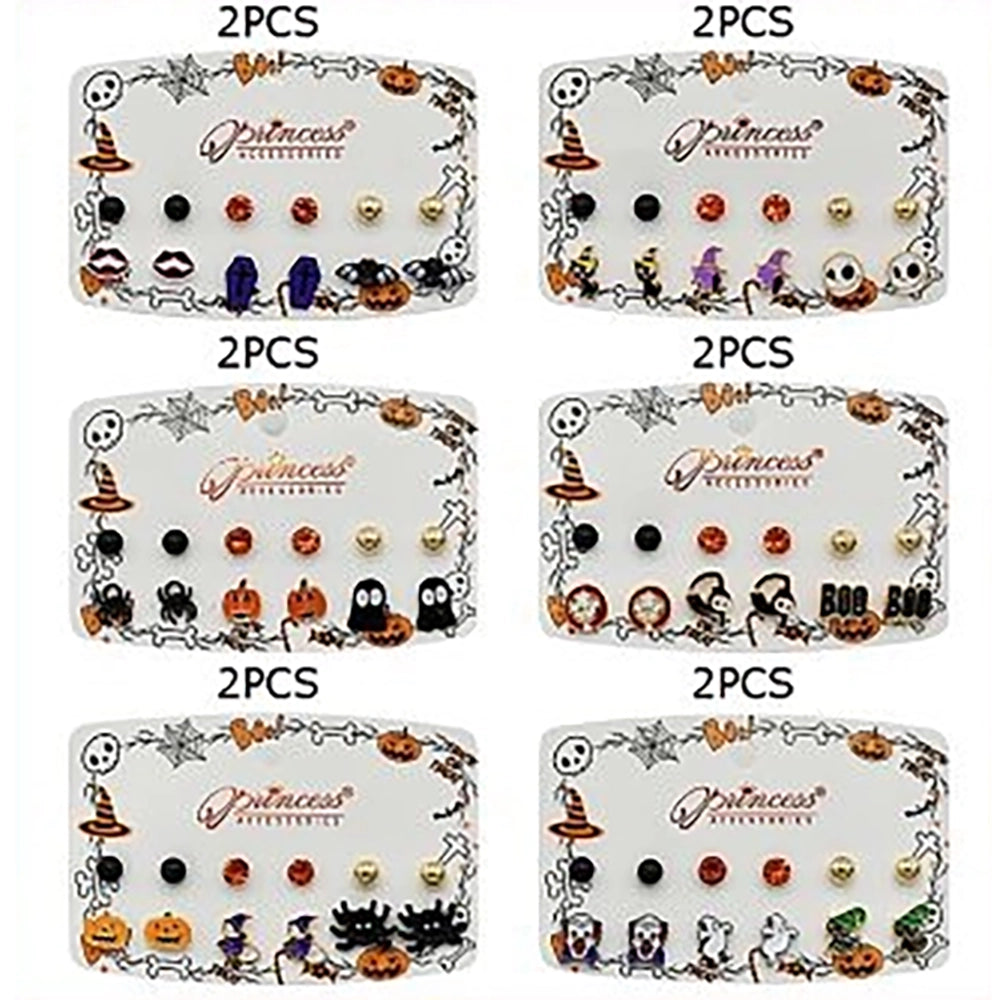 Spooky Halloween Stud Earrings Set – 6-Pair Cute Ghost, Clown, Black Cat & Rhinestone Studs (HWE-1086)