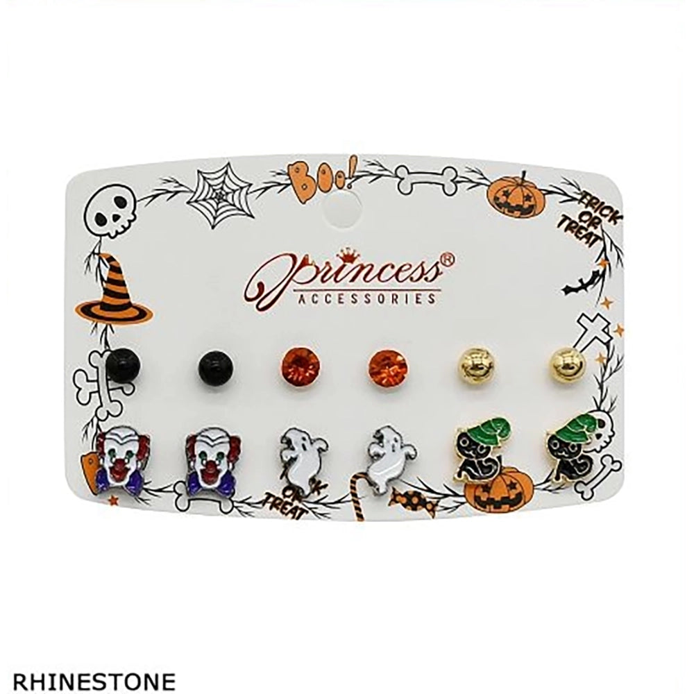 Spooky Halloween Stud Earrings Set – 6-Pair Cute Ghost, Clown, Black Cat & Rhinestone Studs (HWE-1086)