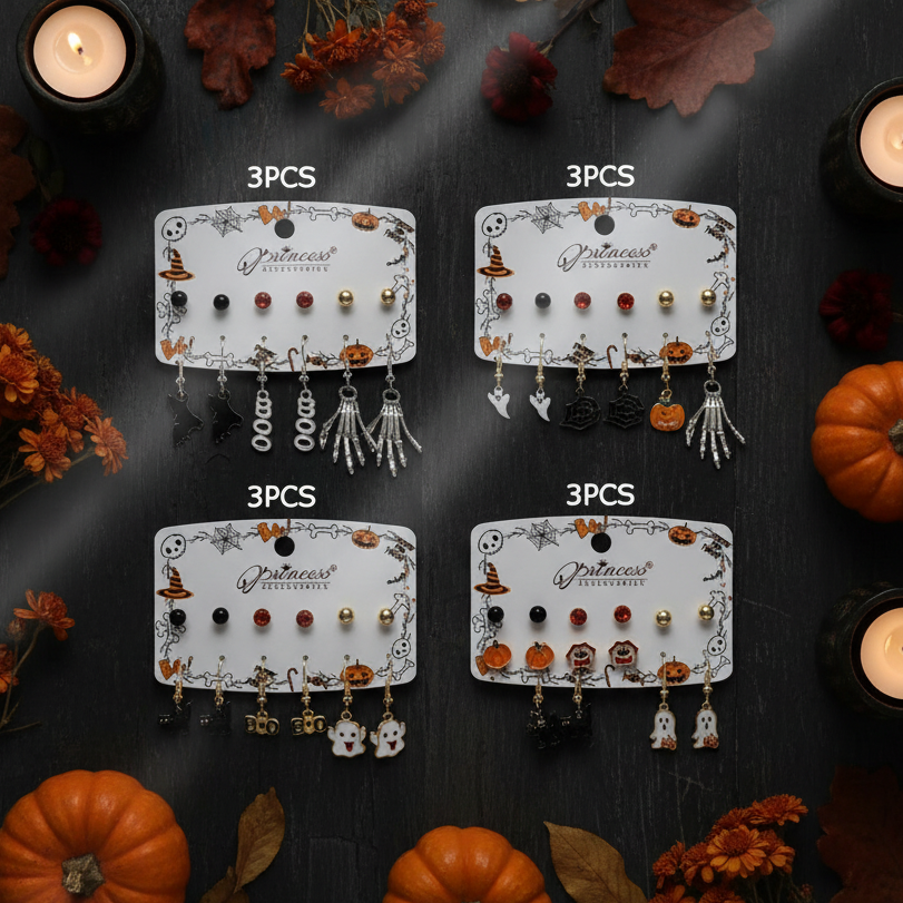 Halloween Earrings Set – 6 Pairs Festive Stud & Dangle Drop Earrings (Ghosts, Pumpkins, Spiderwebs, Bats, Skeletons & Cats) (HWE-1087)