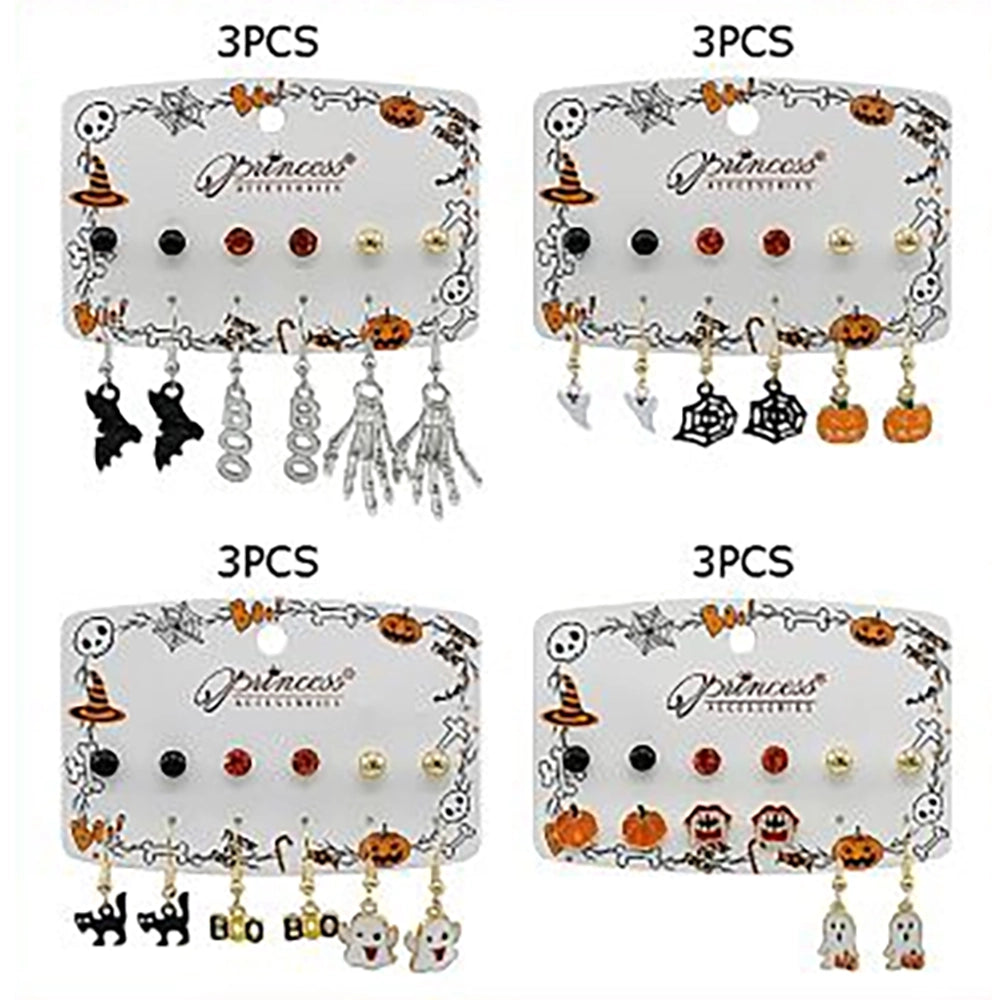 Halloween Earrings Set – 6 Pairs Festive Stud & Dangle Drop Earrings (Ghosts, Pumpkins, Spiderwebs, Bats, Skeletons & Cats) (HWE-1087)