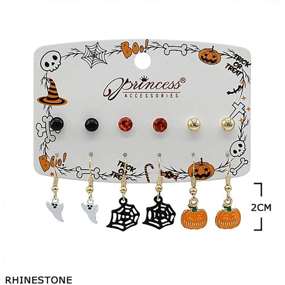 Halloween Earrings Set – 6 Pairs Festive Stud & Dangle Drop Earrings (Ghosts, Pumpkins, Spiderwebs, Bats, Skeletons & Cats) (HWE-1087)