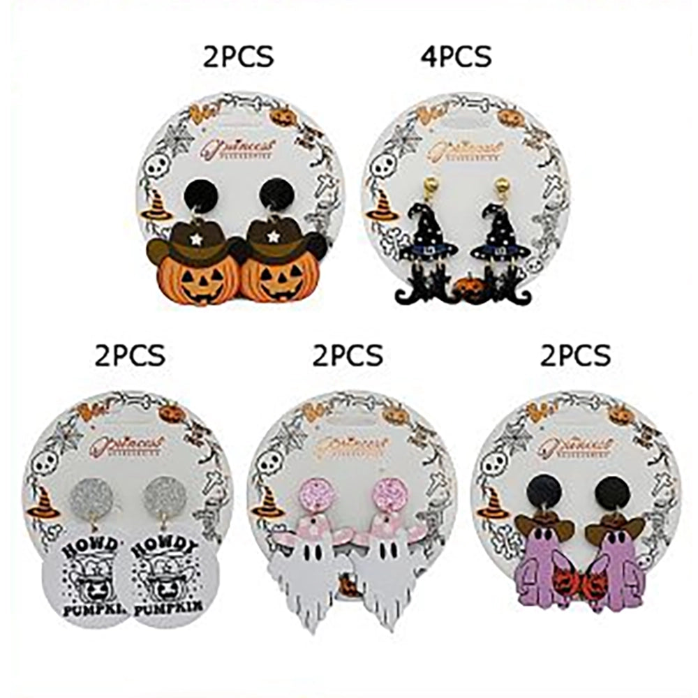 Spooky Western Halloween Dangle Earrings Set | Cute Cowboy Ghost & Pumpkin Acrylic Drop Earrings (HWE-1088)