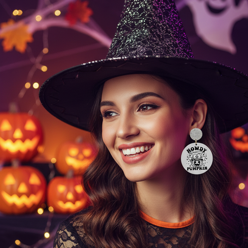 Spooky Western Halloween Dangle Earrings Set | Cute Cowboy Ghost & Pumpkin Acrylic Drop Earrings (HWE-1088)