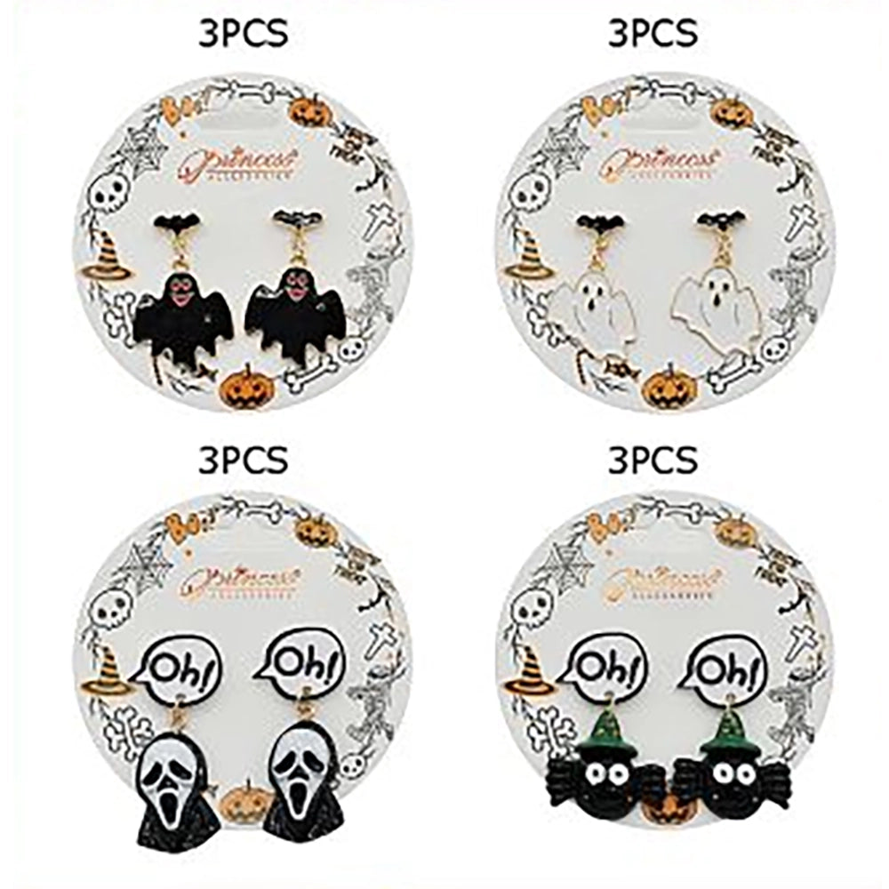 Cute Halloween Dangle Drop Earrings Set – Spooky Bat, Ghost, Scream Face & Witch Hat Spider Jewelry (HWE-1091)