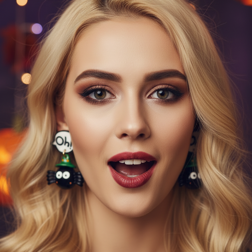 Cute Halloween Dangle Drop Earrings Set – Spooky Bat, Ghost, Scream Face & Witch Hat Spider Jewelry (HWE-1091)