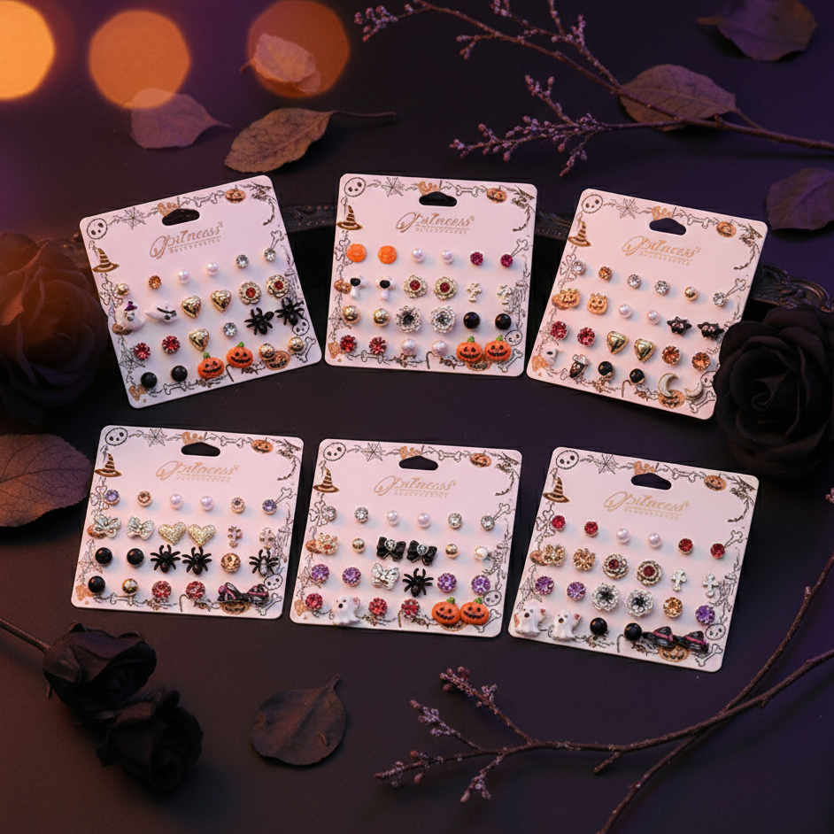 Halloween Earrings Multipack – Festive Stud Earring Set with Ghosts, Pumpkins, Skulls & Rhinestones (9 Pairs / Set) (HWE-1092)