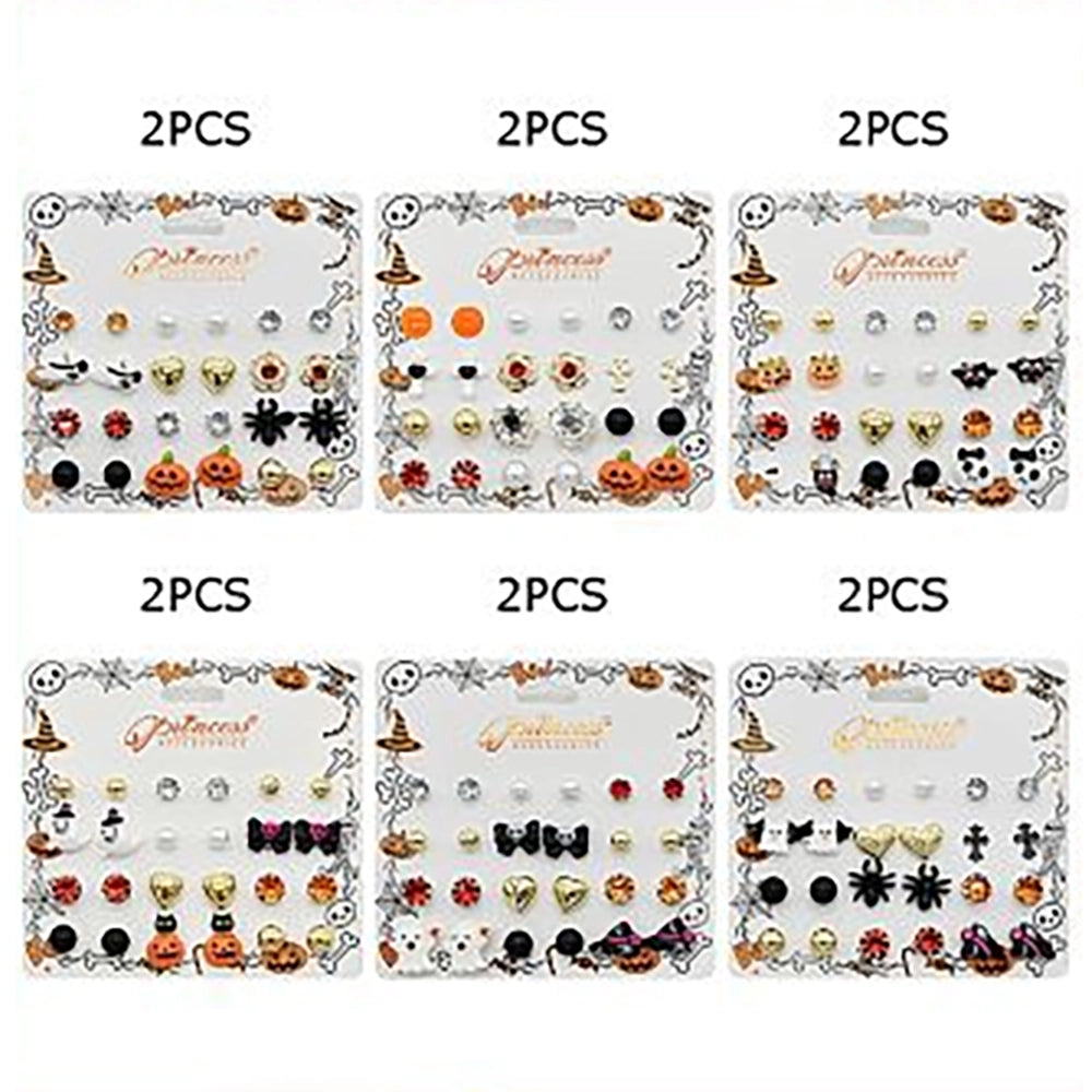 Halloween Earrings Multipack – Festive Stud Earring Set with Ghosts, Pumpkins, Skulls & Rhinestones (9 Pairs / Set) (HWE-1092)