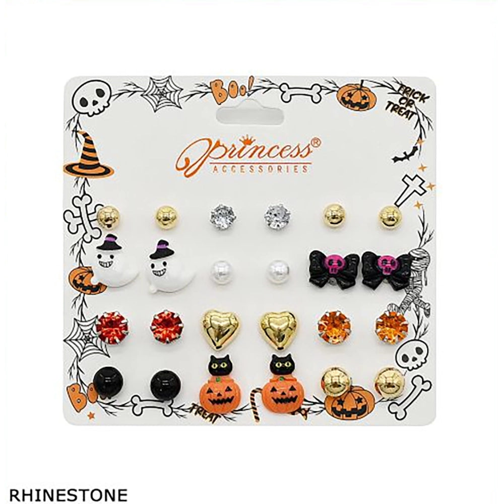 Halloween Earrings Multipack – Festive Stud Earring Set with Ghosts, Pumpkins, Skulls & Rhinestones (9 Pairs / Set) (HWE-1092)