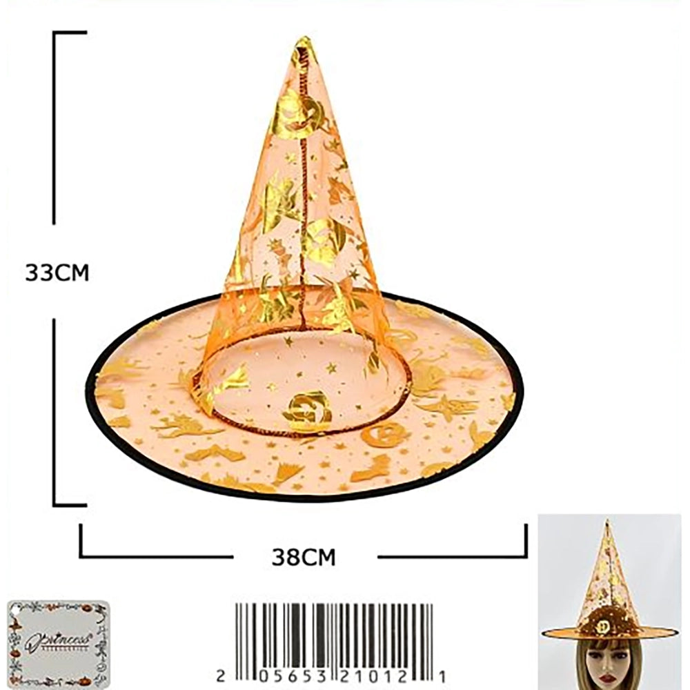 Lightweight Halloween Mesh Witch Hat with Gold Foil Print – Metallic Sheer Costume Accessory (HWG-1012)