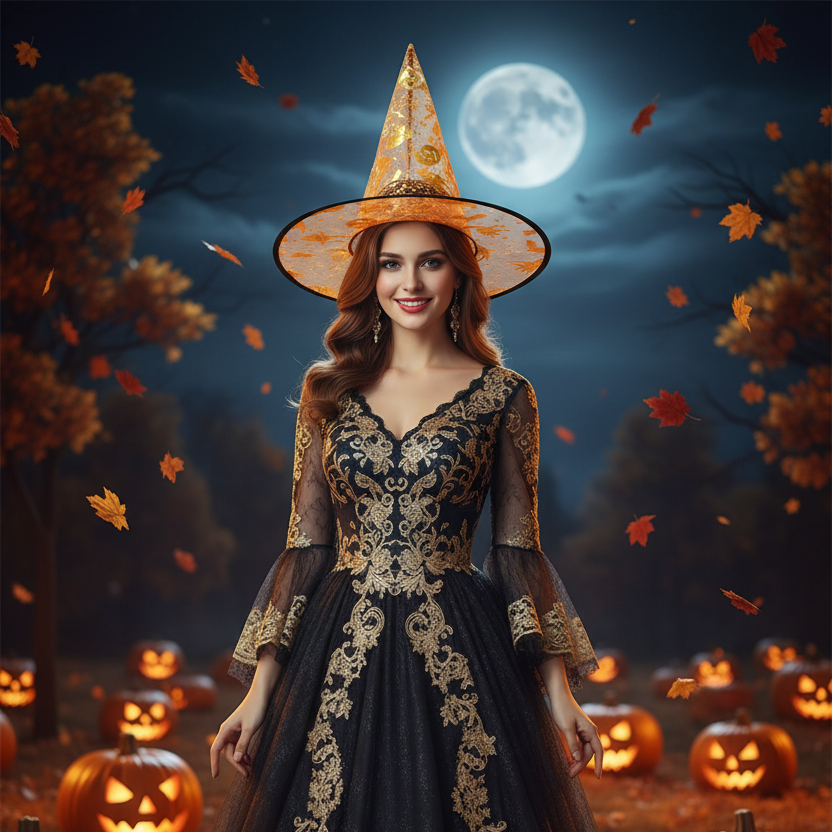 Lightweight Halloween Mesh Witch Hat with Gold Foil Print – Metallic Sheer Costume Accessory (HWG-1012)