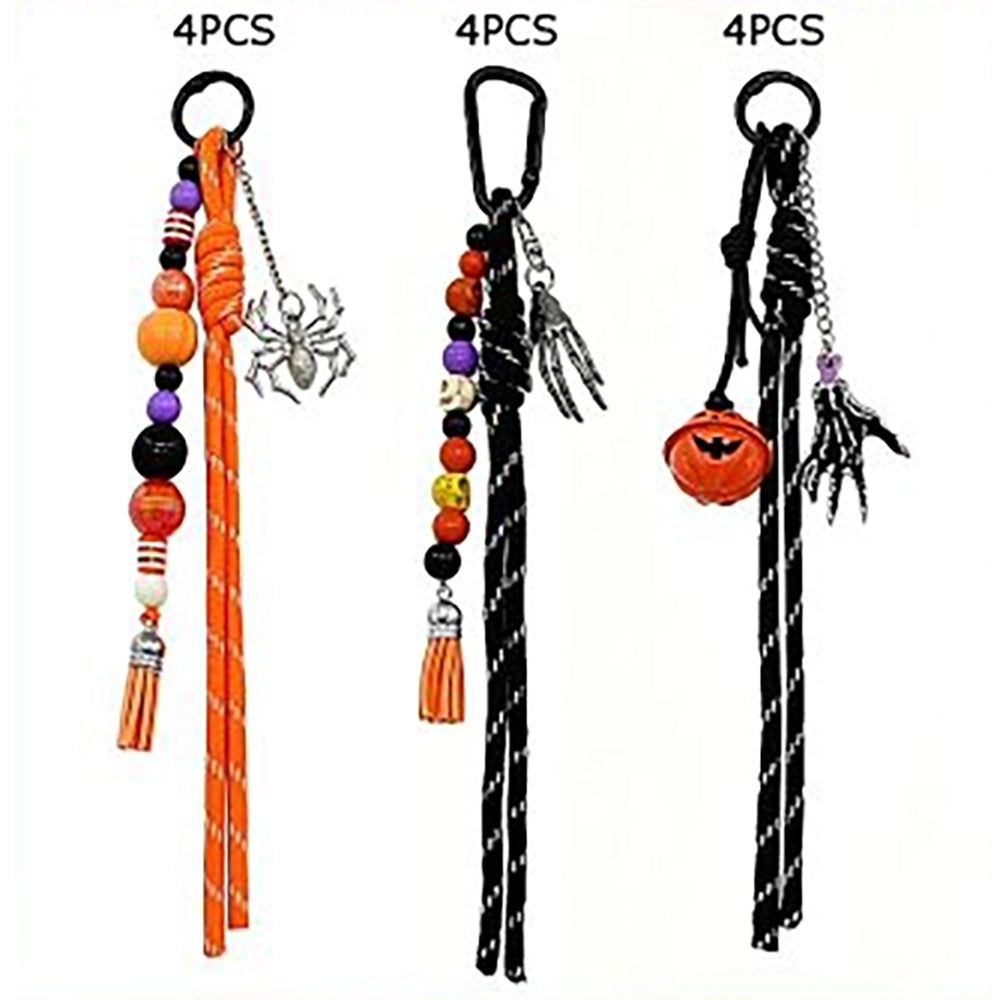 Halloween Bag Charm Keychains – Spooky Beaded Tassel Cord Bag Clips with Spider, Skeleton & Pumpkin Charms (24cm) (HWG-1074)