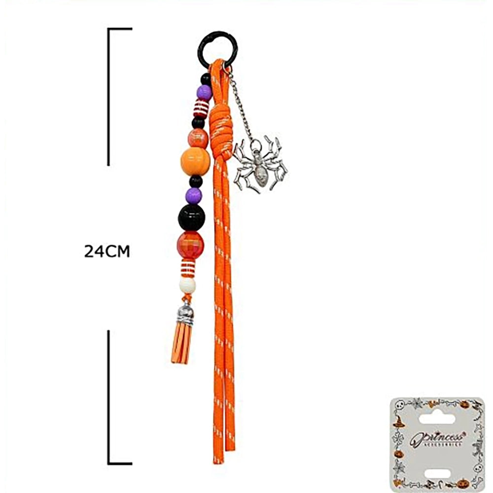 Halloween Bag Charm Keychains – Spooky Beaded Tassel Cord Bag Clips with Spider, Skeleton & Pumpkin Charms (24cm) (HWG-1074)