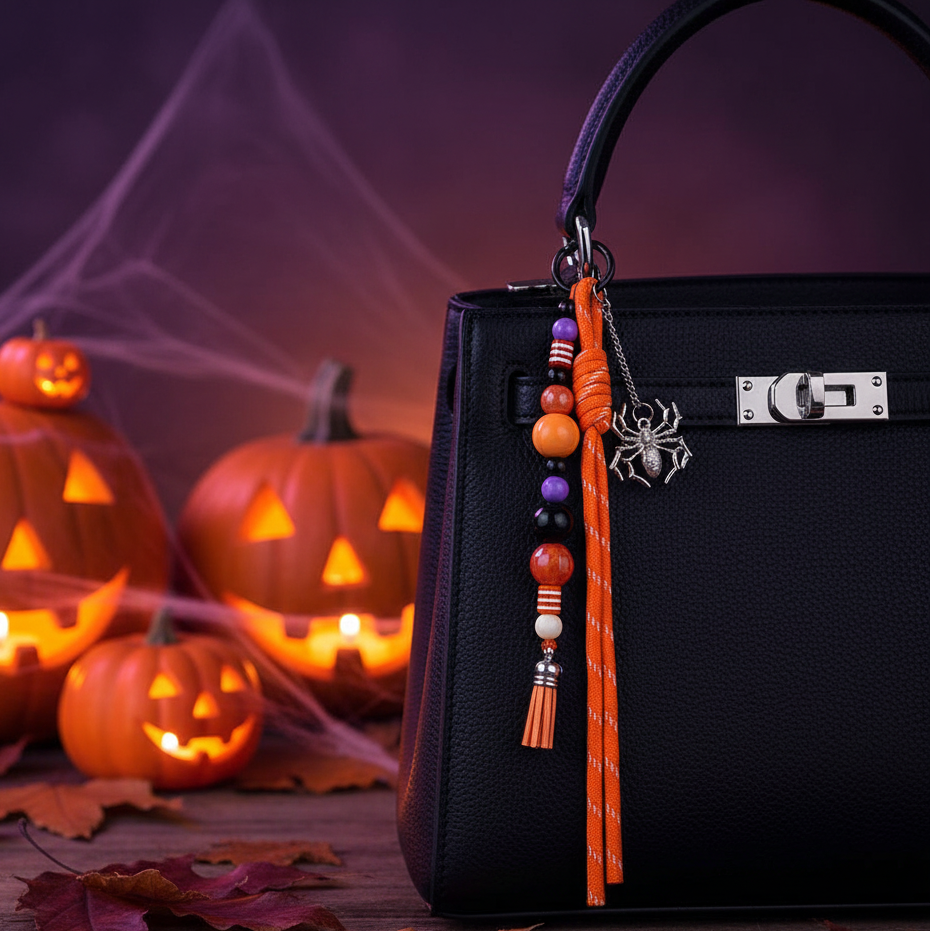 Halloween Bag Charm Keychains – Spooky Beaded Tassel Cord Bag Clips with Spider, Skeleton & Pumpkin Charms (24cm) (HWG-1074)