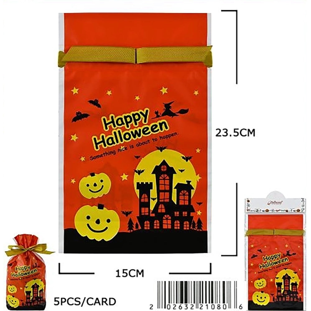 Halloween Drawstring Goodie Bags, 5-Pack Assorted Candy Bags with Gold Ribbons (15 cm x 23.5 cm) (HWG-1080)
