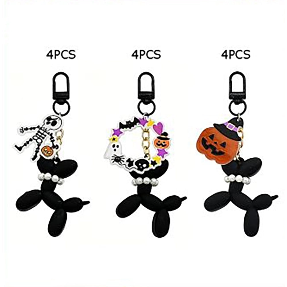 Halloween Black Balloon Dog Keychain Set with Pearl Collar Charm & Spooky Charms (12-Piece Party Favors) (HWG-1085)
