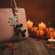 Halloween Black Balloon Dog Keychain Set with Pearl Collar Charm & Spooky Charms (12-Piece Party Favors) (HWG-1085)