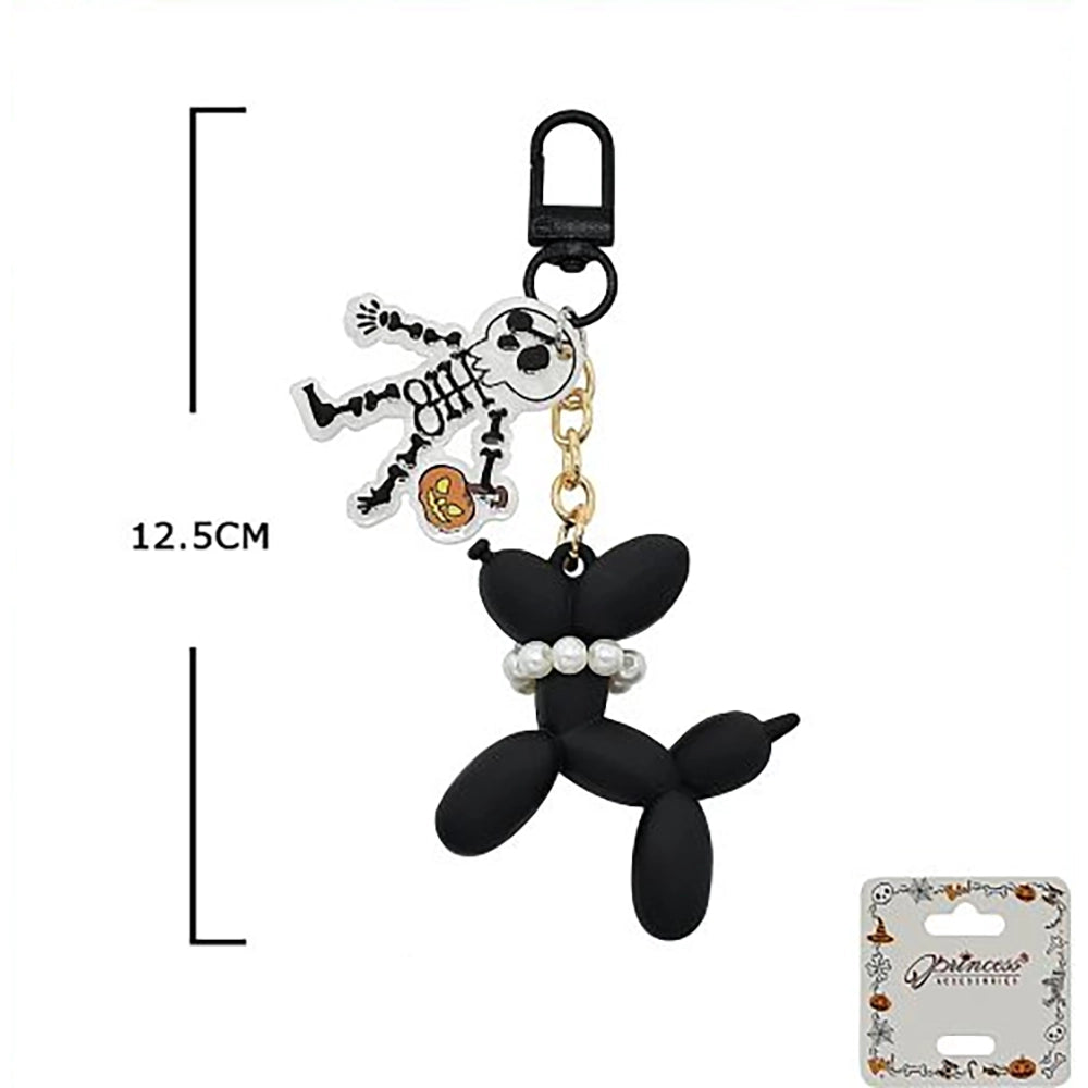 Halloween Black Balloon Dog Keychain Set with Pearl Collar Charm & Spooky Charms (12-Piece Party Favors) (HWG-1085)