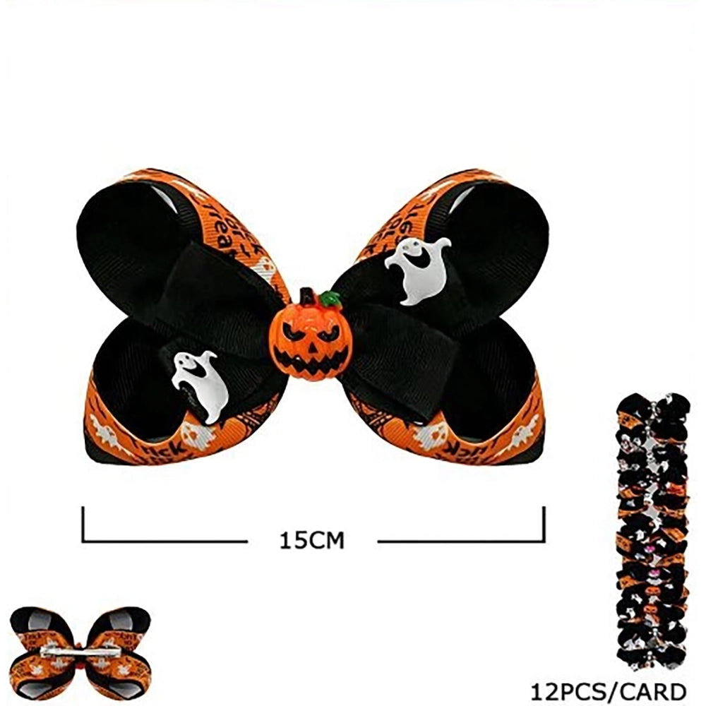 Halloween Grosgrain Hair Bow Set - 15cm Spooky Pumpkin & Ghost Hair Clips for Girls & Kids (HWH-1127)