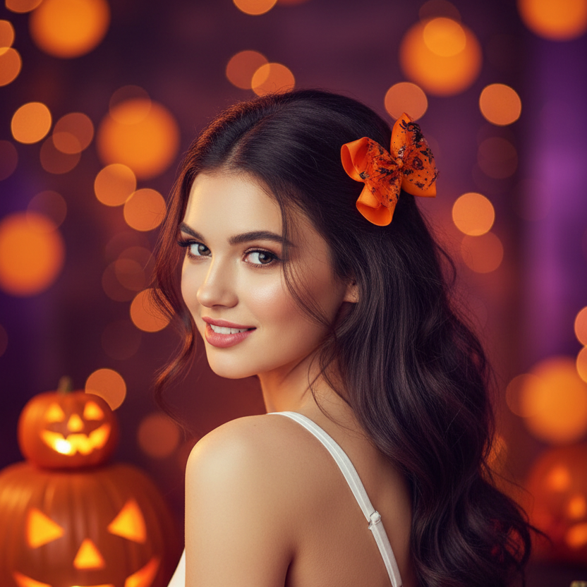 Halloween Hair Bow Set - 15cm Large Printed Grosgrain Ribbon Alligator Clips for Women & Girls (Orange, Purple, Black) (HWH-1134)