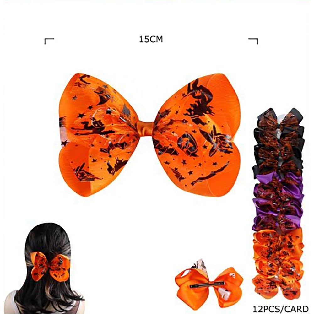Halloween Hair Bow Set - 15cm Large Printed Grosgrain Ribbon Alligator Clips for Women & Girls (Orange, Purple, Black) (HWH-1134)