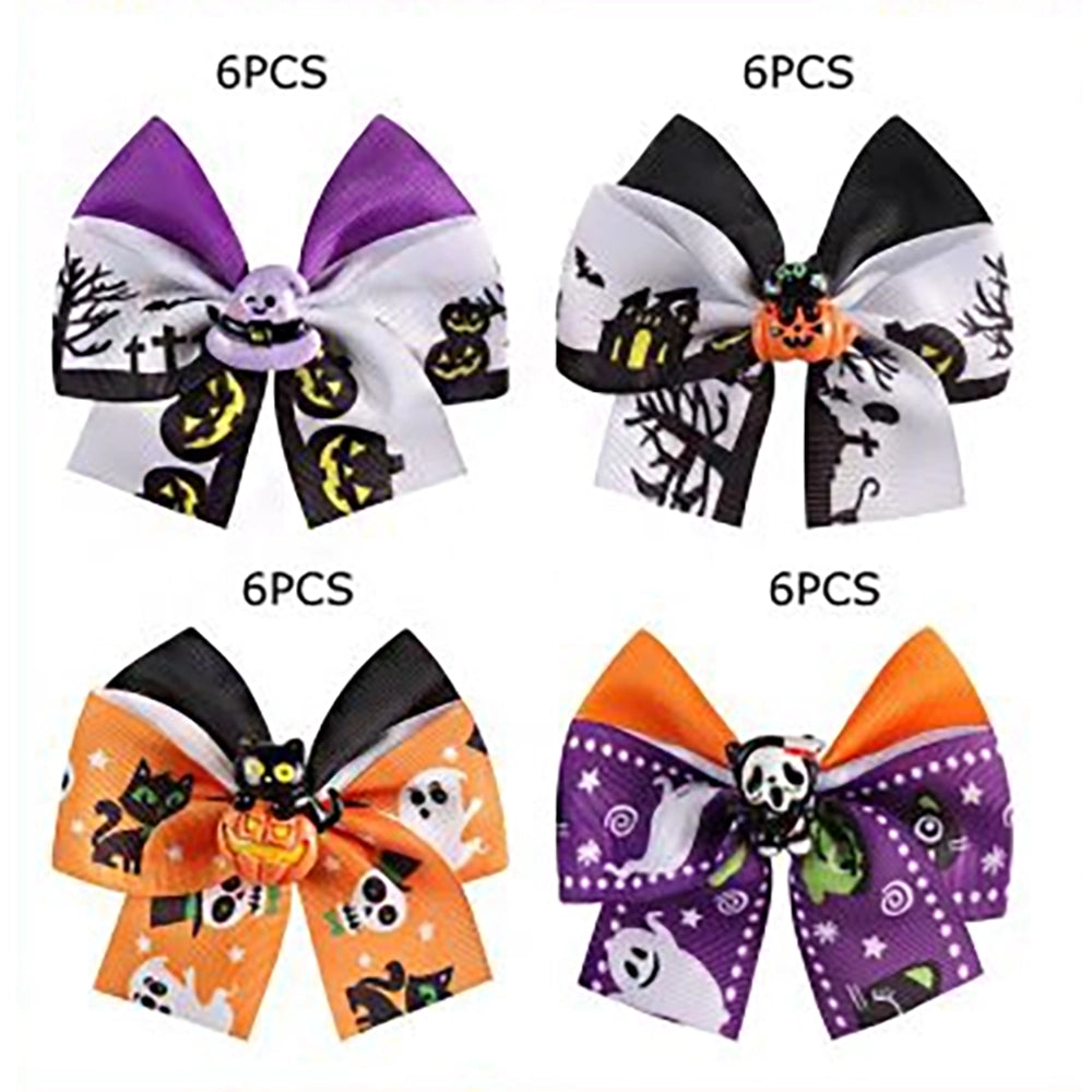 24pk Halloween Hair Bows Alligator Clips - Spooky Ghosts, Pumpkins, Black Cats Hair Accessories Bulk Set (12 cm) (HWH-1138)
