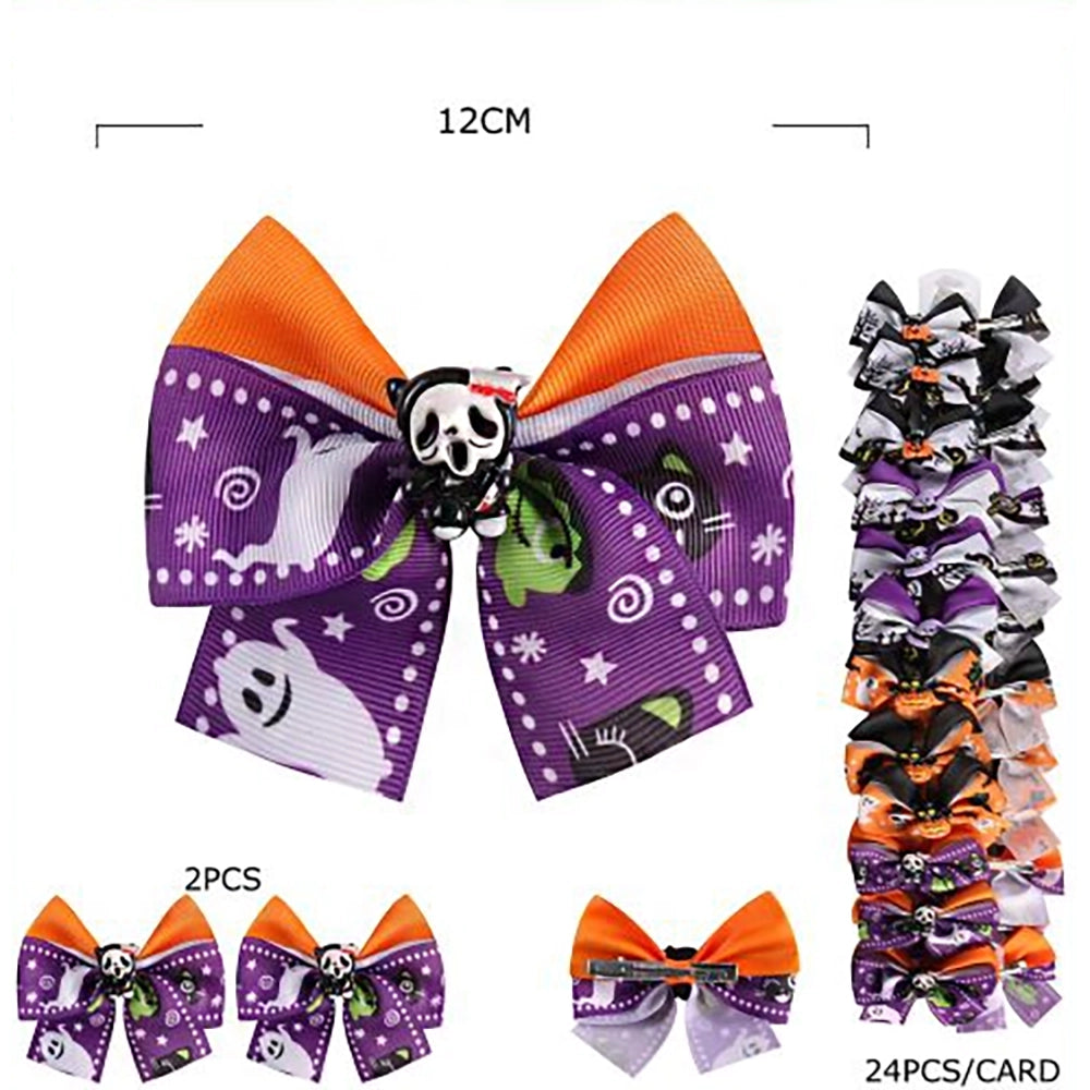 24pk Halloween Hair Bows Alligator Clips - Spooky Ghosts, Pumpkins, Black Cats Hair Accessories Bulk Set (12 cm) (HWH-1138)