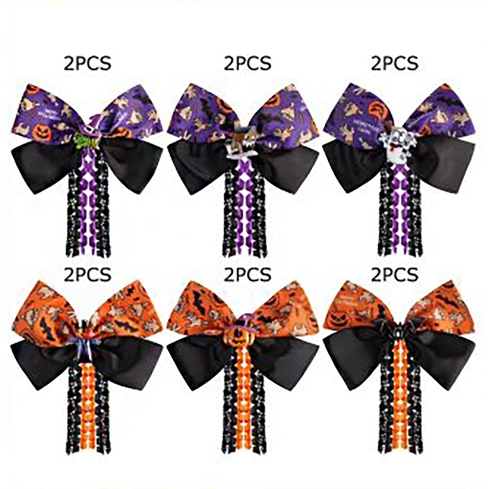 12pc Halloween Hair Bow Clips Set – Grosgrain Ribbon Layered Bows with Curly Streamers & Spooky Charms (HWH-1139)