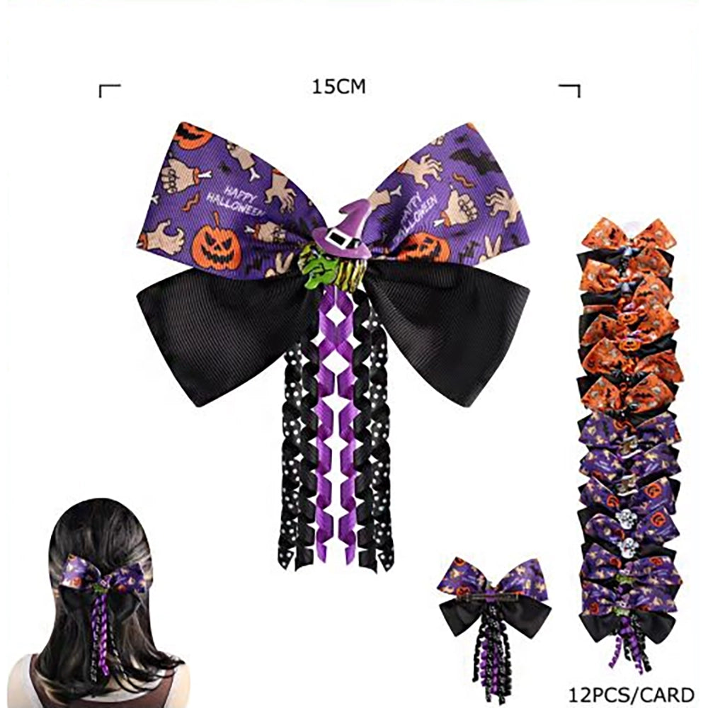 12pc Halloween Hair Bow Clips Set – Grosgrain Ribbon Layered Bows with Curly Streamers & Spooky Charms (HWH-1139)