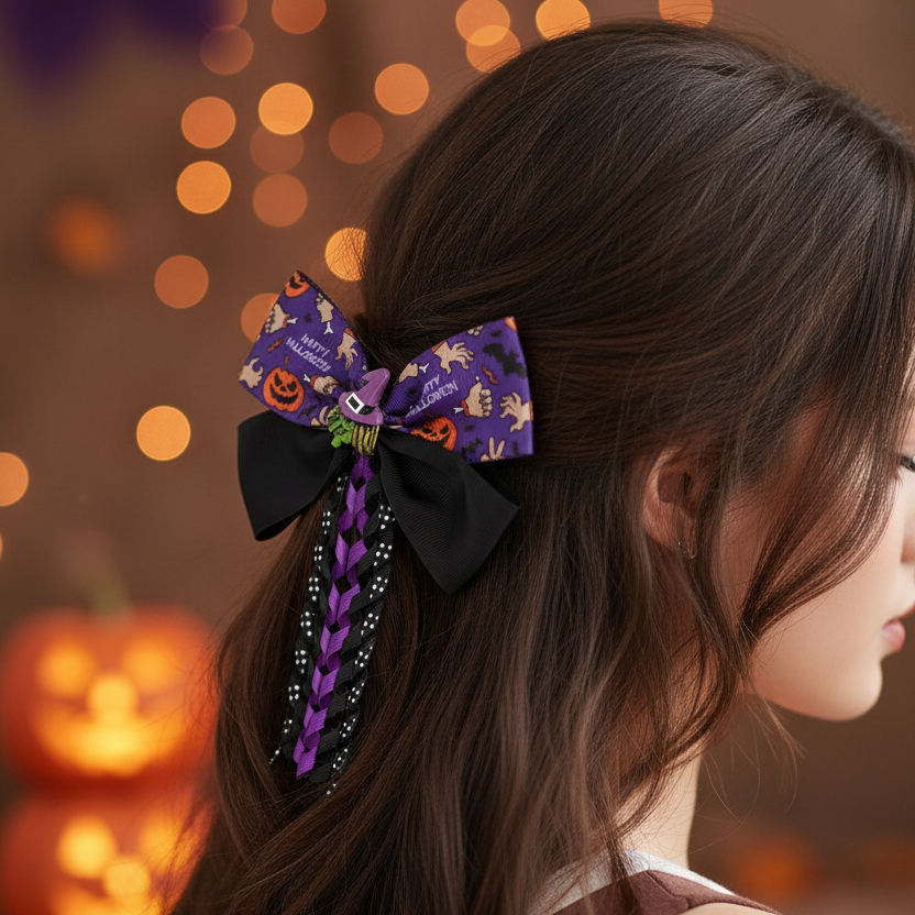 12pc Halloween Hair Bow Clips Set – Grosgrain Ribbon Layered Bows with Curly Streamers & Spooky Charms (HWH-1139)