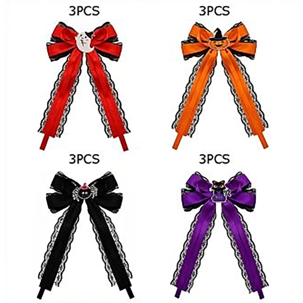 12pc Halloween Hair Bows Set – Long Lace Ribbon Tail Clips with Pumpkin, Ghost, Spider & Black Cat Charms (HWH-1148)