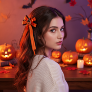 12pc Halloween Hair Bows Set – Long Lace Ribbon Tail Clips with Pumpkin, Ghost, Spider & Black Cat Charms (HWH-1148)
