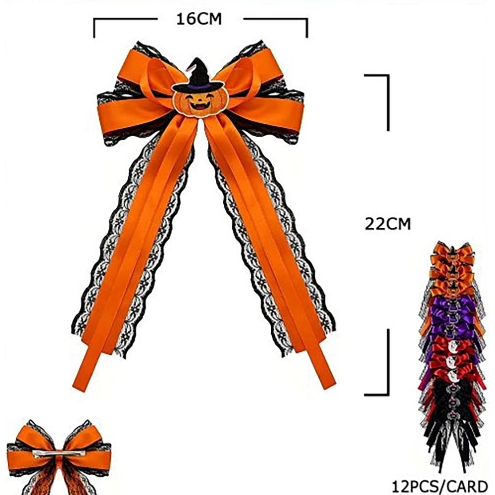 12pc Halloween Hair Bows Set – Long Lace Ribbon Tail Clips with Pumpkin, Ghost, Spider & Black Cat Charms (HWH-1148)