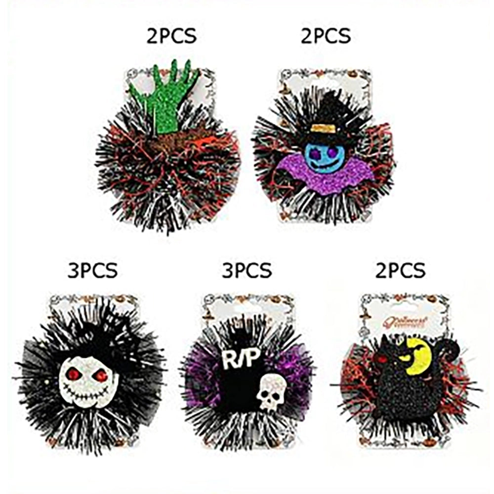 Spooky Halloween Tinsel Hair Clips Set – Glitter Witch, Zombie Hand, RIP Gravestone & Black Cat Hair Accessories (HWH-1150)