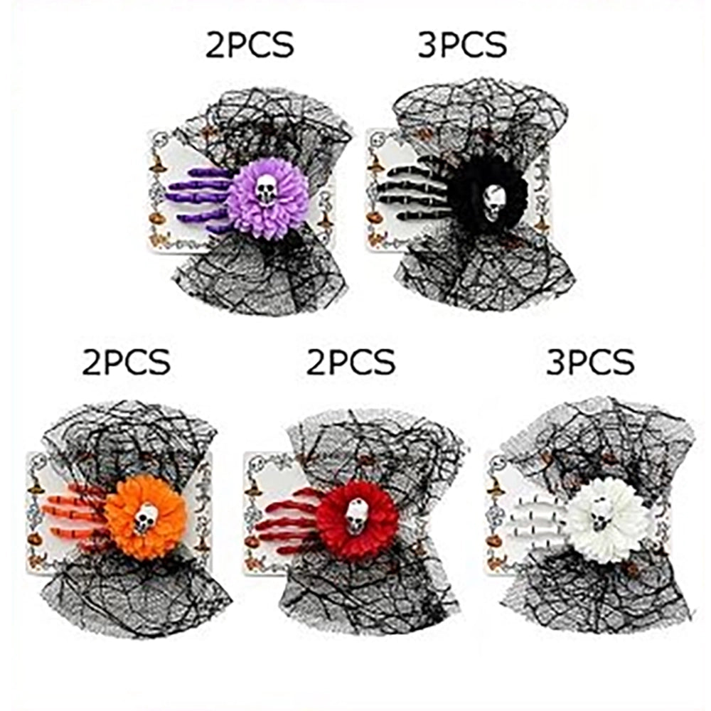 Halloween Skeleton Hand & Flower Hair Clip – Gothic Spiderweb Mesh Bow Hair Accessory for Cosplay & Costumes (HWH-1151)