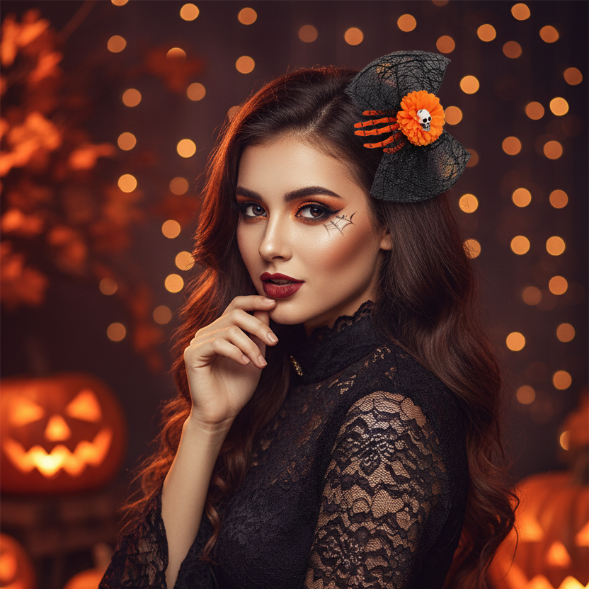 Halloween Skeleton Hand & Flower Hair Clip – Gothic Spiderweb Mesh Bow Hair Accessory for Cosplay & Costumes (HWH-1151)
