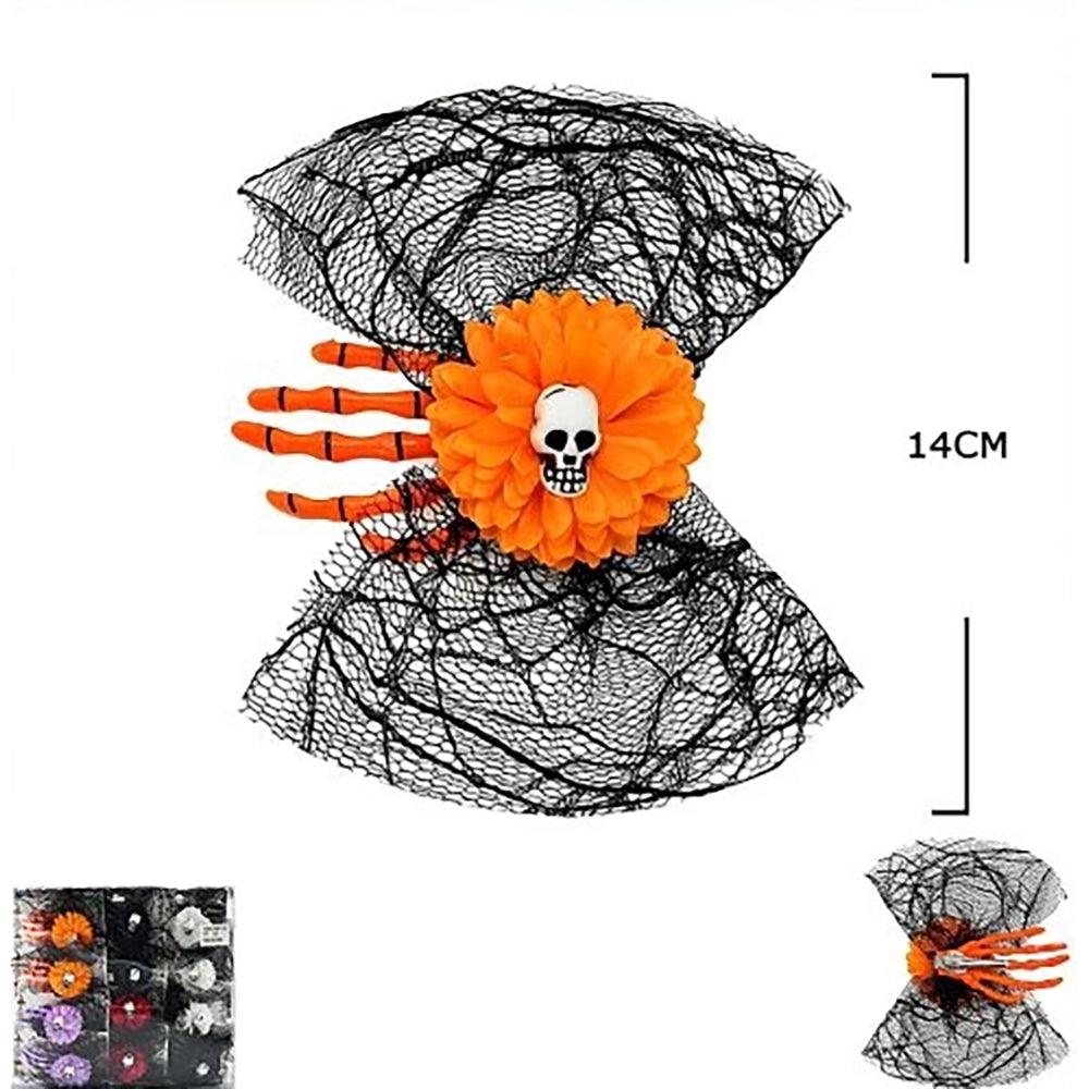 Halloween Skeleton Hand & Flower Hair Clip – Gothic Spiderweb Mesh Bow Hair Accessory for Cosplay & Costumes (HWH-1151)