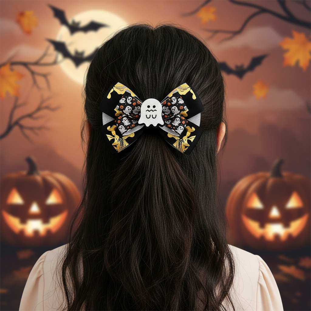 12pc Halloween Hair Bow Clips Set – Spooky Ghost, Pumpkin & Black Cat Alligator Clips for Girls & Kids (15 cm) (HWH-1155)