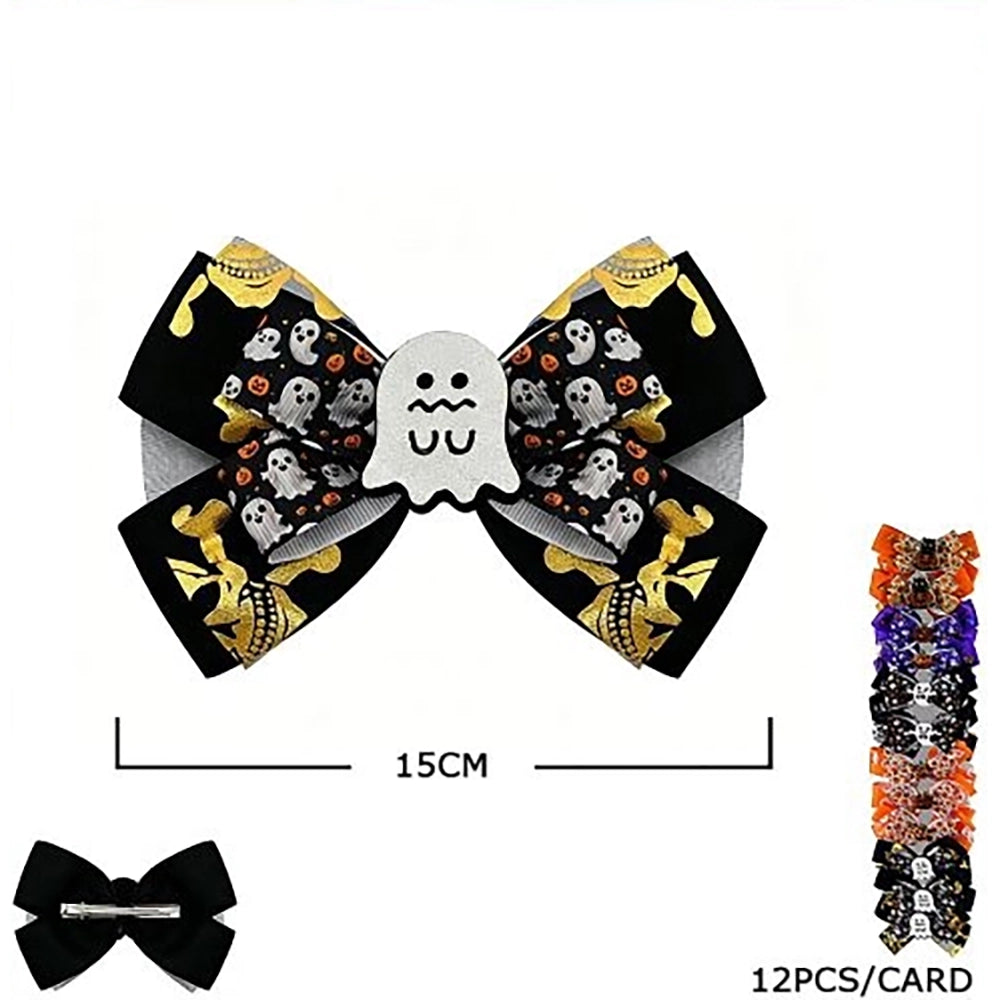 12pc Halloween Hair Bow Clips Set – Spooky Ghost, Pumpkin & Black Cat Alligator Clips for Girls & Kids (15 cm) (HWH-1155)