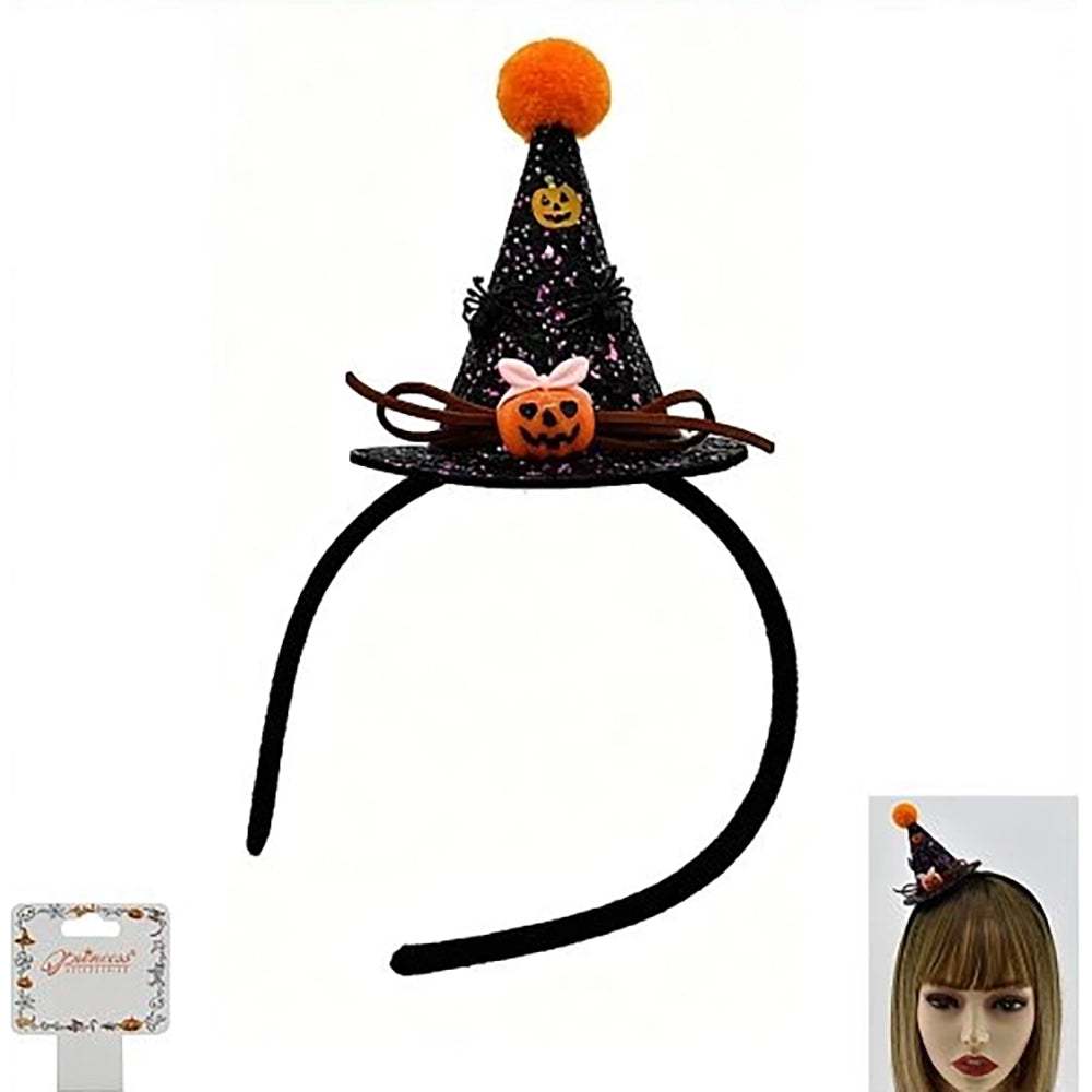 Glitter Mini Witch Hat Headband for Halloween – Cute Pumpkin & Spider Hair Accessories (HWHB-1042)