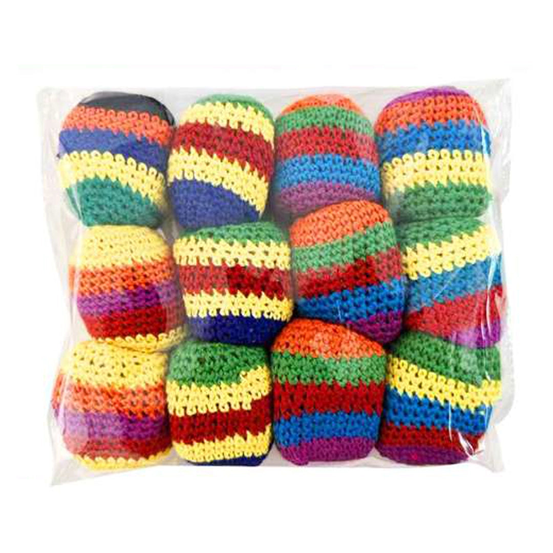 Premium Crochet Hacky Sack Set (12-Pack) – Multi-Color Striped Woven Footbags for Kids & Adults, Durable Knit Juggling Balls for Outdoor Games, Party Favors & Foot Kicking Fun