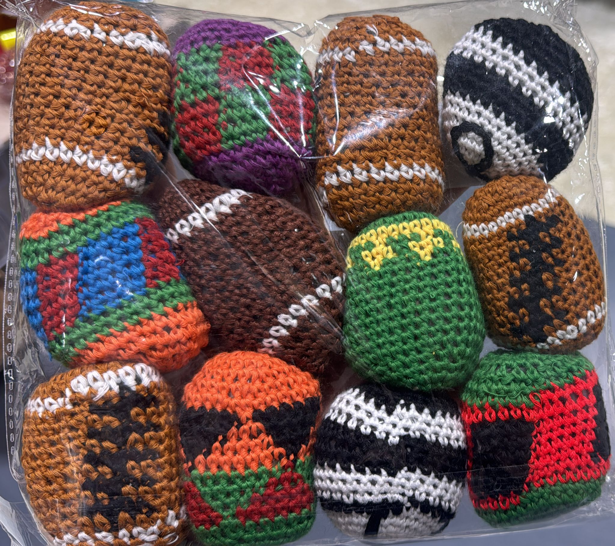 Hand-Woven Crochet Hacky Sack Set - 12 Pack Multi-Color Footbags, Knit Football & Rasta Style Kicking Balls for Kids, Adults, and Outdoor Lawn Games