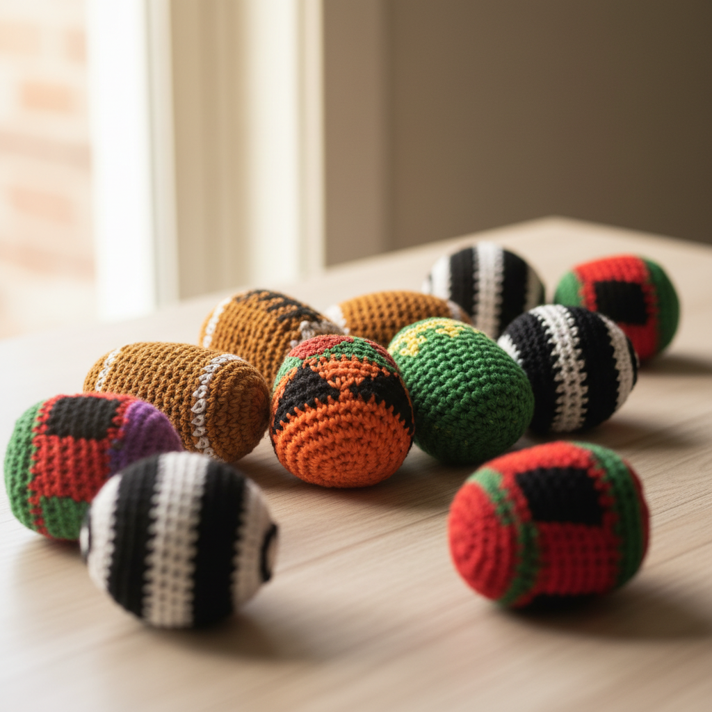 Hand-Woven Crochet Hacky Sack Set - 12 Pack Multi-Color Footbags, Knit Football & Rasta Style Kicking Balls for Kids, Adults, and Outdoor Lawn Games
