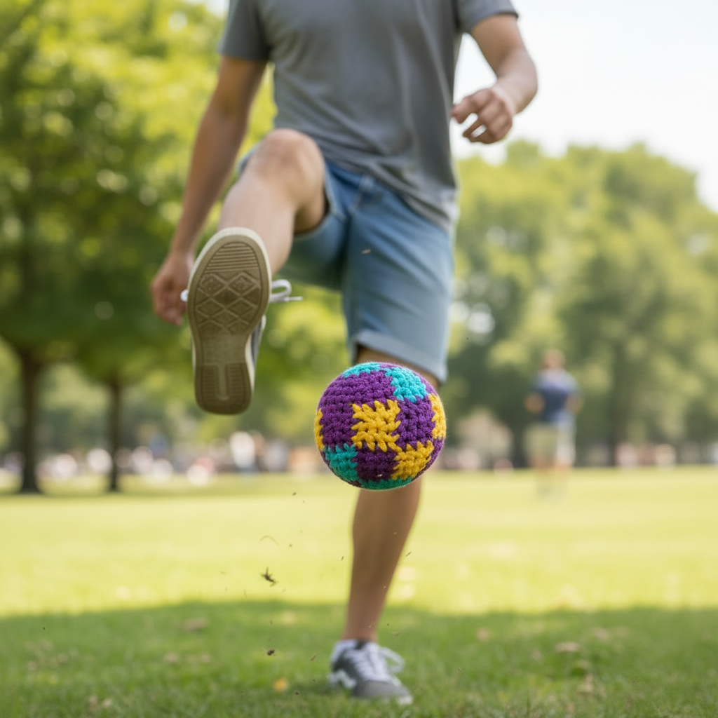 Hand-Woven Crochet Hacky Sack Set - 12 Pack Multi-Color Footbags, Knit Football & Rasta Style Kicking Balls for Kids, Adults, and Outdoor Lawn Games