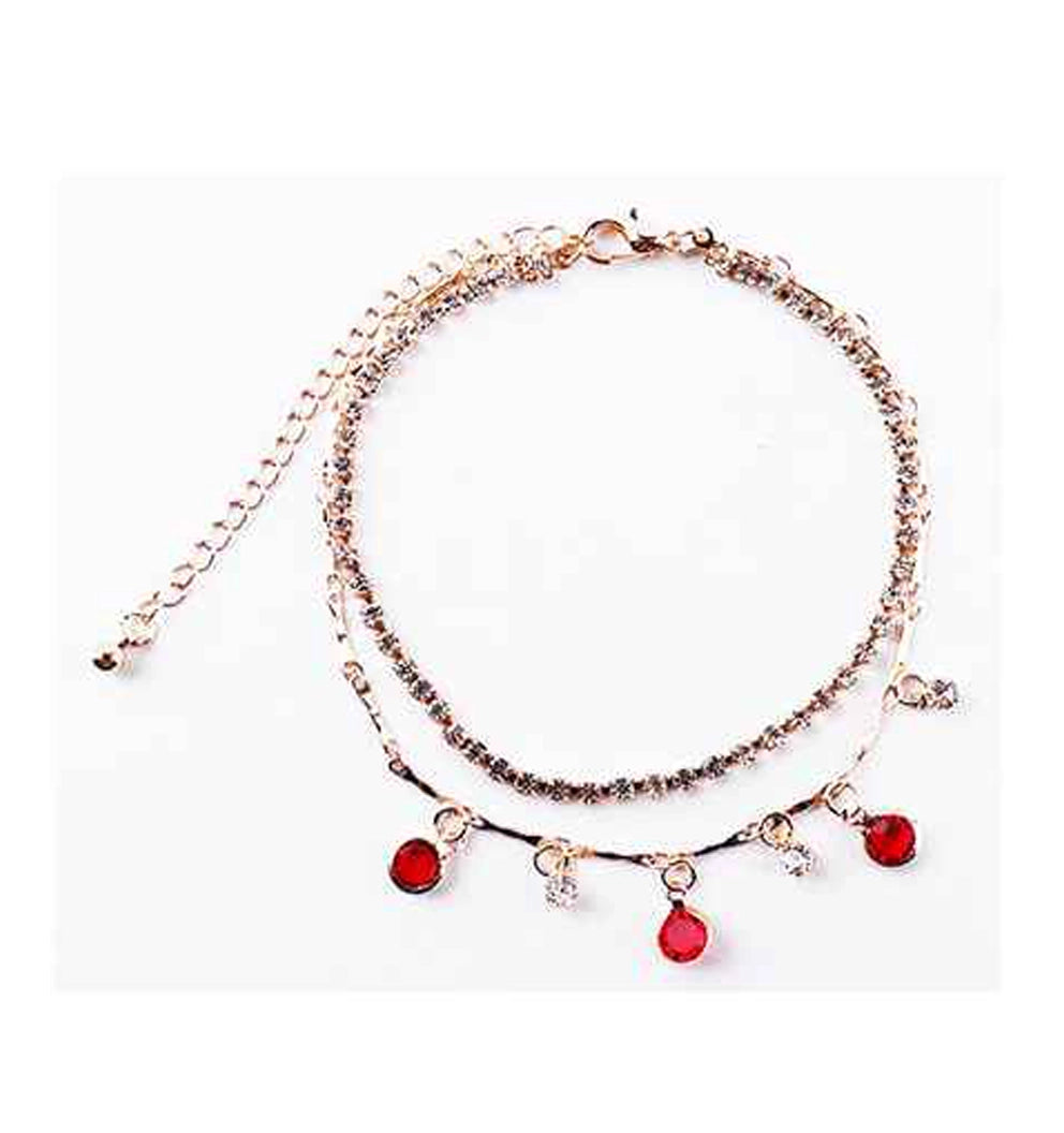 Sparkling Layered Anklet with Ruby Red Drops