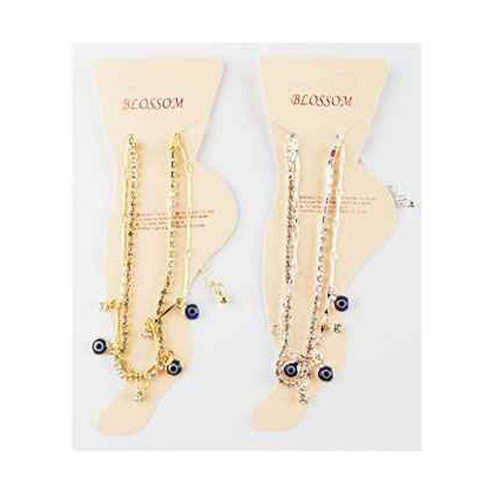 Gold Layered Evil Eye Anklet | Rhinestone Tennis Chain & Protection Charm Ankle Bracelet | Boho Beach Foot Jewelry