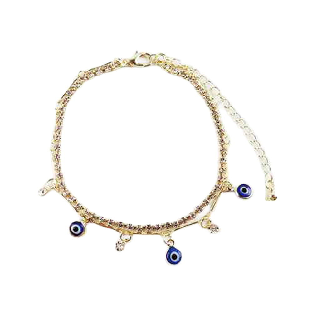 Gold Layered Evil Eye Anklet | Rhinestone Tennis Chain & Protection Charm Ankle Bracelet | Boho Beach Foot Jewelry