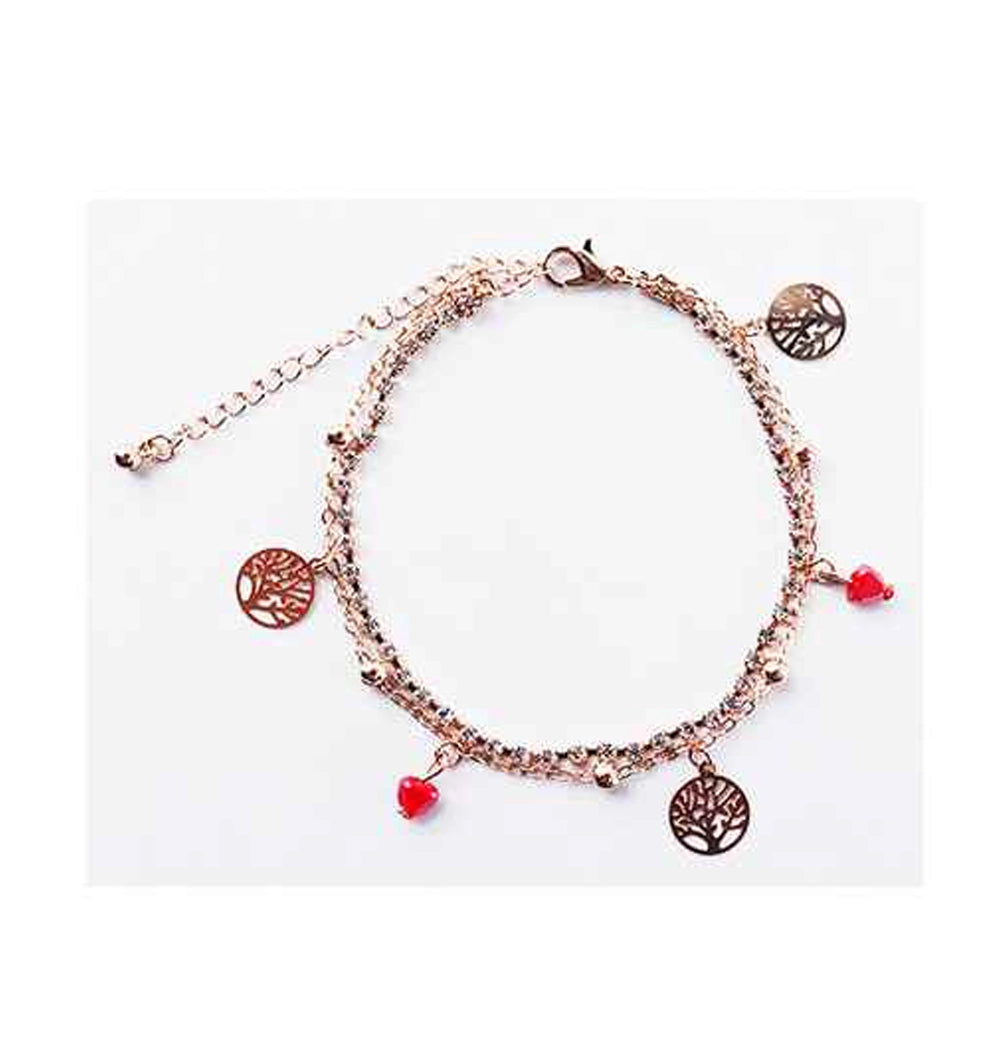 Elegant Rose Gold Layered Anklet with Tree of Life Charms